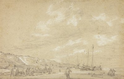 Pêcheurs séchant des filets sur la plage de Scheveningen - Simon Jacobsz. Vlieger