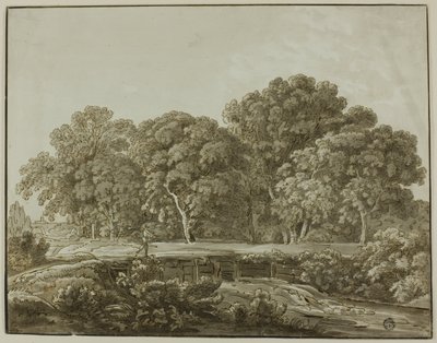 Paysage avec figure traversant un pont sur un ruisseau - Thomas Sandby