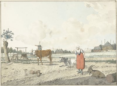 Paysage avec paysanne et bétail - W. Barthautz