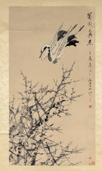 Fleurs de prunier, grue et printemps, dynastie Qing - Xugu