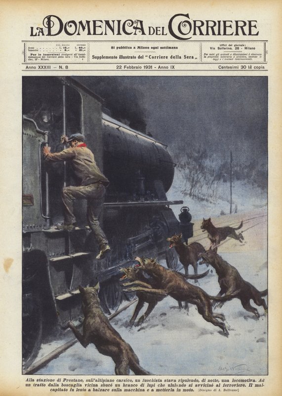 À la gare de Prestane, sur le plateau karstique, un chauffeur nettoyait, de nuit, une locomotive - Achille Beltrame
