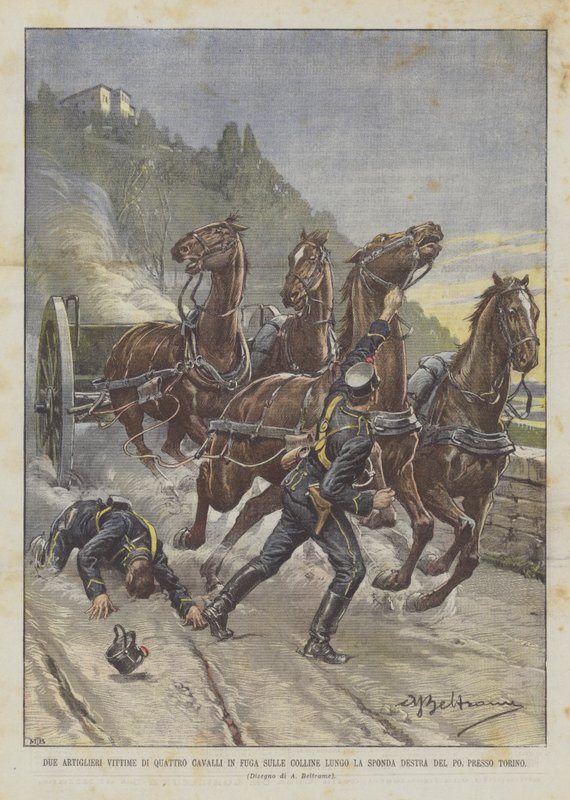 Deux artilleurs victimes de quatre chevaux en fuite sur les collines le long de la rive droite du Pô, près de Turin - Achille Beltrame