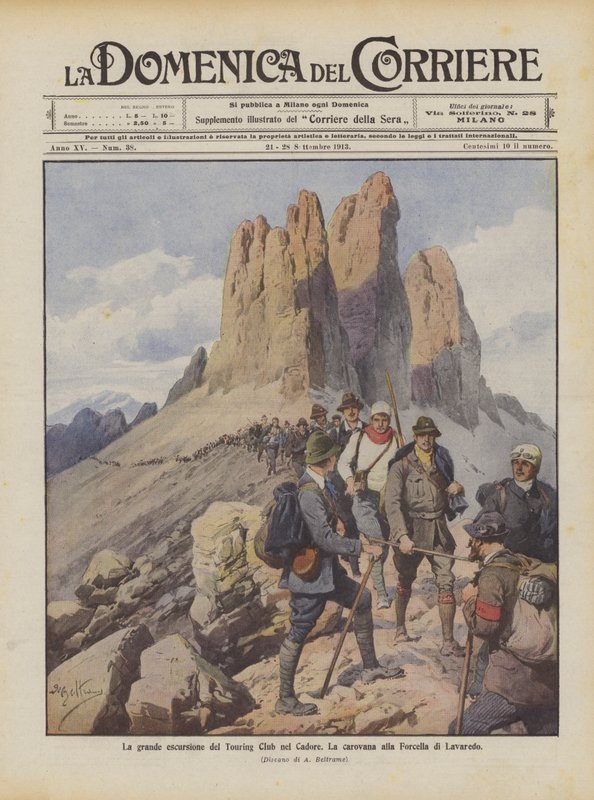 La grande excursion du Touring Club dans le Cadore, la caravane à la Forcella di Lavaredo - Achille Beltrame