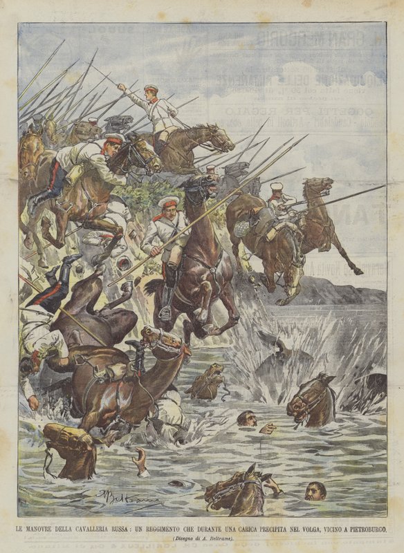 Les manœuvres de la cavalerie russe, un régiment précipité dans la Volga près de Saint-Pétersbourg - Achille Beltrame