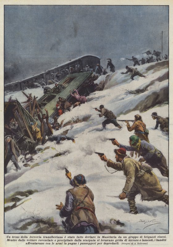 Un train du chemin de fer transsibérien a été détourné en Mandchourie par un groupe de brigands chinois - Achille Beltrame