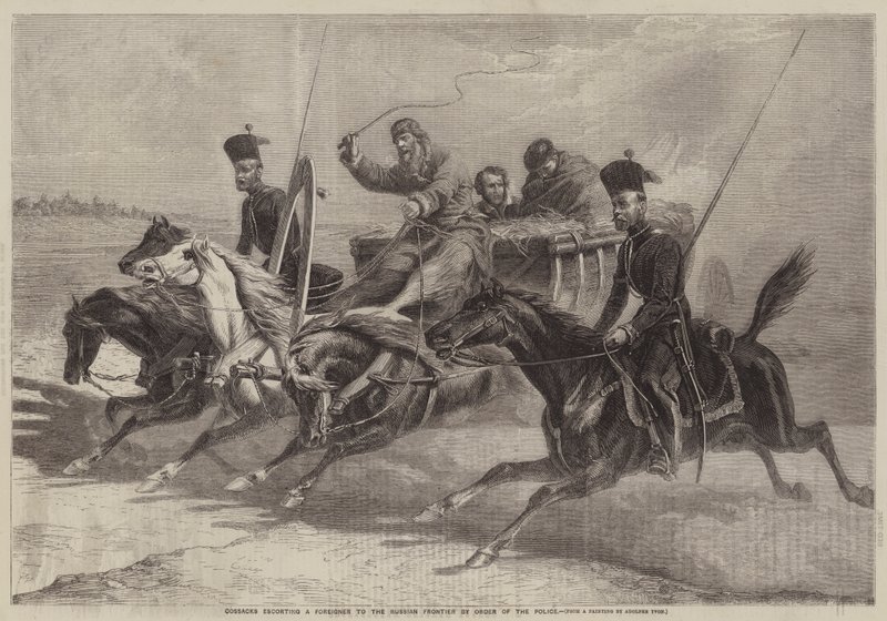Cosaques escortant un étranger à la frontière russe sur ordre de la police - Adolphe Yvon