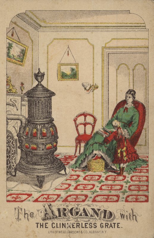 Enfant lisant un livre à sa mère près du poêle - American School