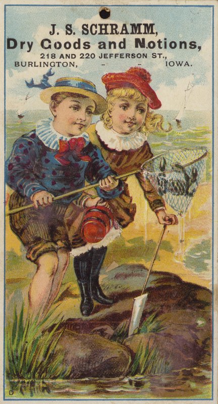 Fille et garçon pêchant dans une mare - American School