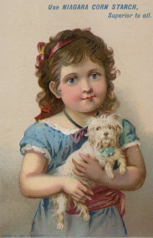 Fille tenant un petit chien dans ses bras - American School