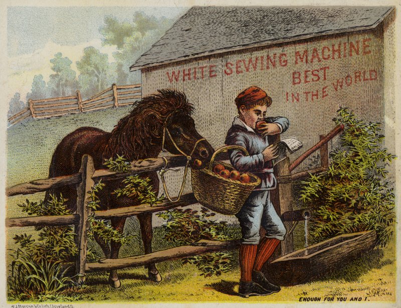 Cheval et garçon mangeant des pommes - American School