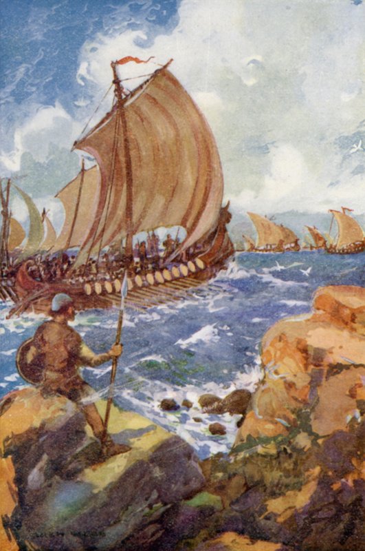 Les navires du roi Alfred partant en mer - Archibald Bertram after Webb