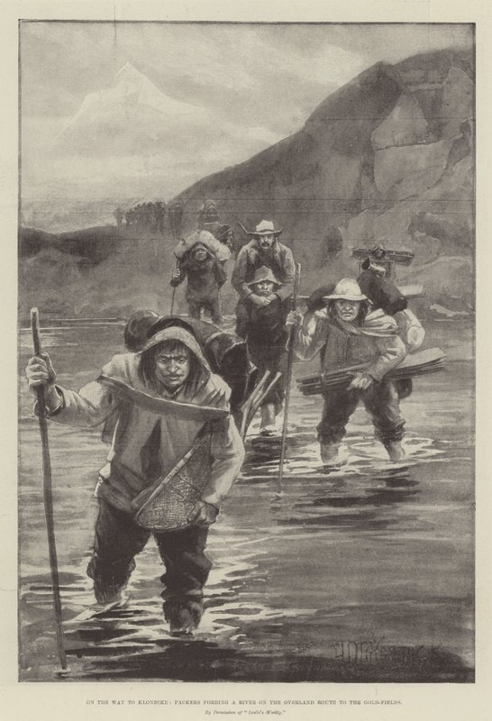 En route pour le Klondike, porteurs traversant une rivière sur la route terrestre vers les champs d