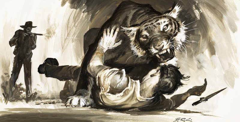 Tigre attaquant un chasseur - Barrie Linklater