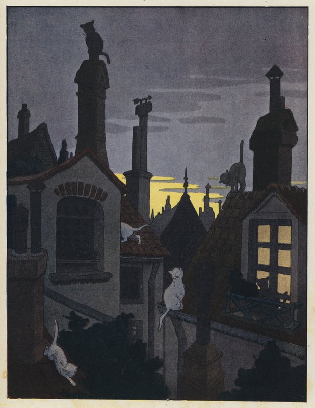 Chats sur les toits la nuit - Benjamin Rabier