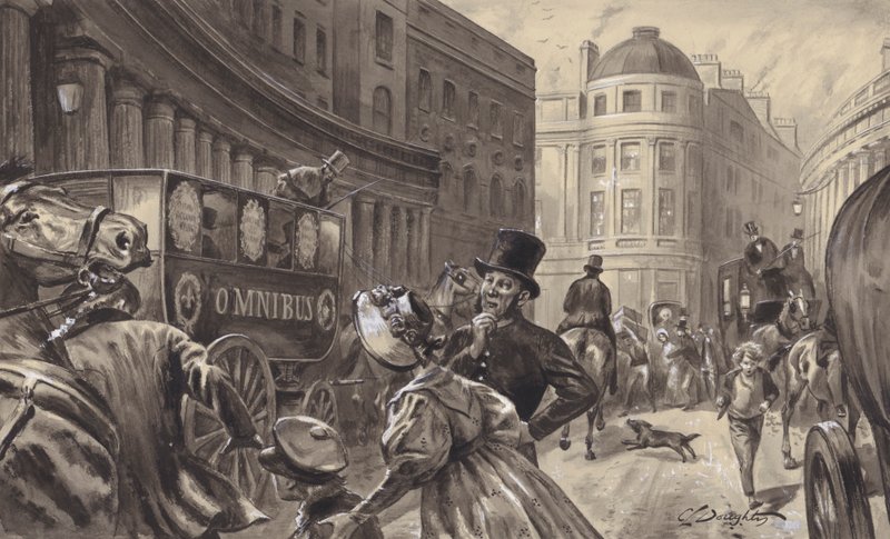 Omnibus à cheval, Londres (gouache sur papier) - C.L. Doughty