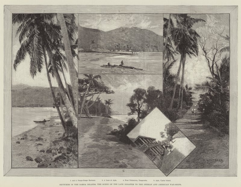 Croquis dans les îles Samoa, la scène du récent désastre pour les navires de guerre allemands et américains - Charles Auguste Loye