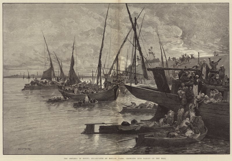 Le choléra en Égypte, habitants de Boulak, Le Caire, se pressant dans des barges sur le Nil - Charles Auguste Loye