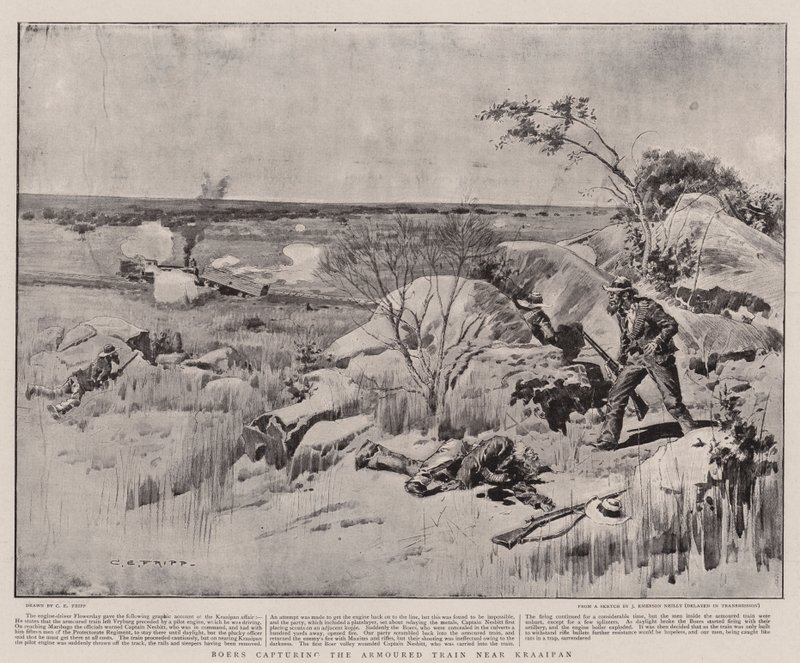 Les Boers capturant le train blindé près de Kraaipan - Charles Edwin Fripp
