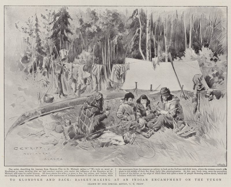 Vers le Klondyke et retour, fabrication de paniers dans un campement indien sur le Yukon - Charles Edwin Fripp