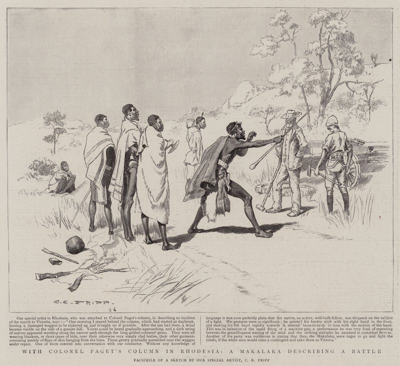 Avec la colonne du colonel Paget en Rhodésie, un Makalaka décrivant une bataille - Charles Edwin Fripp