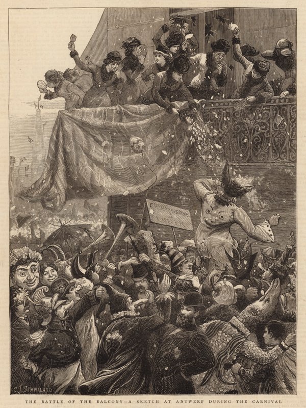 La Bataille du Balcon, une Esquisse à Anvers pendant le Carnaval - Charles J. Staniland