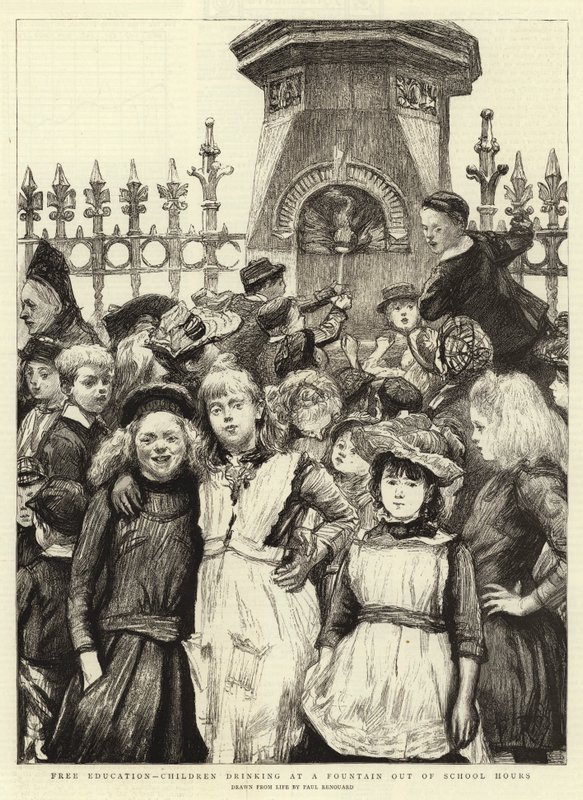 Éducation gratuite, enfants buvant à une fontaine en dehors des heures de classe - Charles Paul Renouard