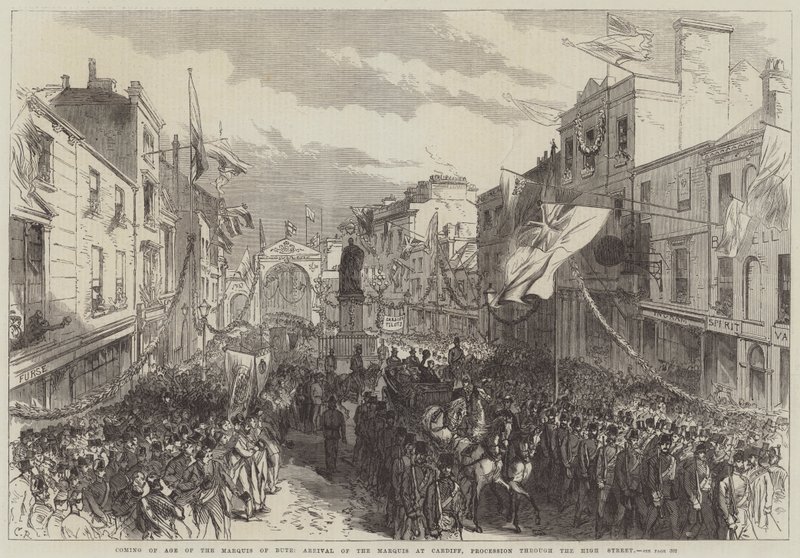 Majorité du marquis de Bute, arrivée du marquis à Cardiff, procession dans la rue principale - Sir John Charles Robinson