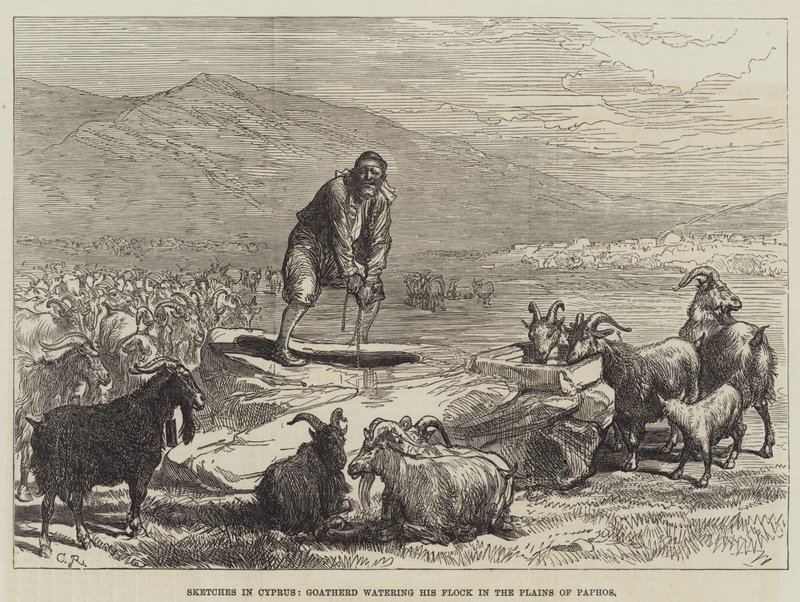 Croquis à Chypre, berger abreuvant son troupeau dans les plaines de Paphos - Sir John Charles Robinson