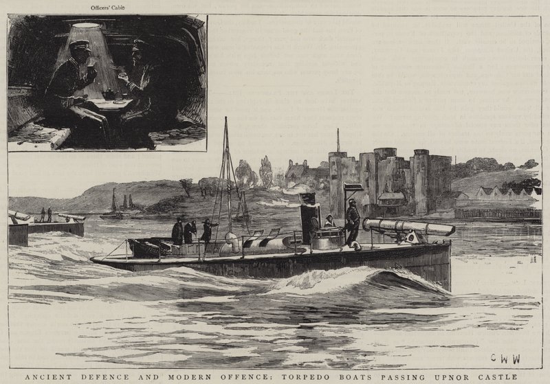 Défense ancienne et offense moderne, bateaux-torpilles passant devant le château d
