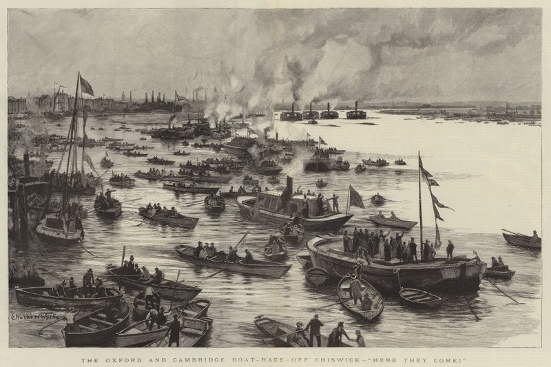 La course de bateaux Oxford et Cambridge, au large de Chiswick, les voilà ! - Charles William Wyllie