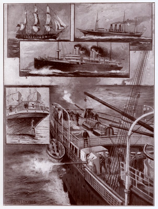 Navires marchands armés (lithographie) - Charles John de (after) Lacy