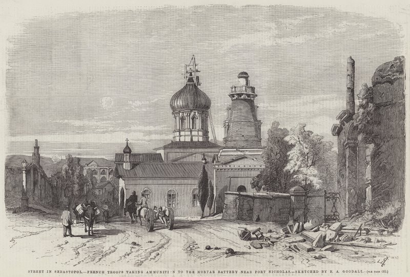 Rue à Sébastopol, troupes françaises apportant des munitions à la batterie de mortiers près du fort Nicolas - Edward Angelo Goodall