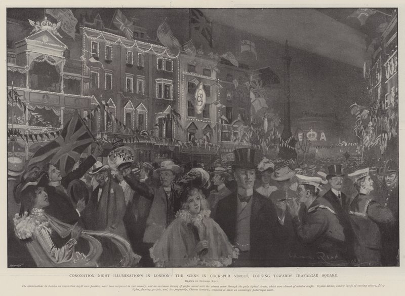Illuminations de la nuit du couronnement à Londres, la scène dans Cockspur Street, en direction de Trafalgar Square - Edward Read