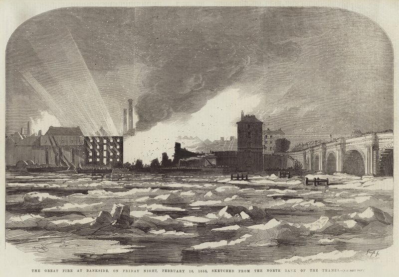 Le grand incendie à Bankside, le vendredi soir, 16 février 1855, esquissé depuis la rive nord de la Tamise - Edwin Weedon