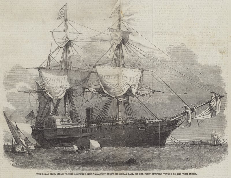 Le navire Amazon de la Royal Mail Steam-Packet Company, brûlé dimanche dernier, lors de son premier voyage vers les Antilles - Edwin Weedon