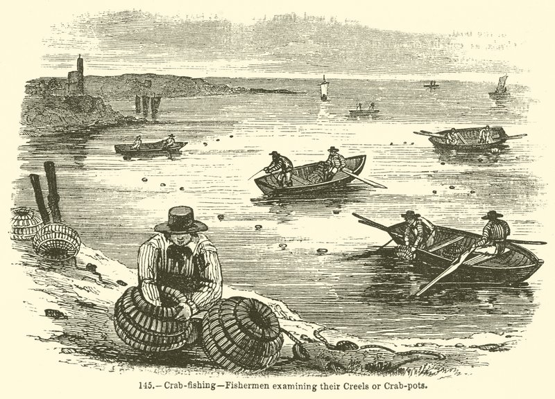Pêche au crabe ? Pêcheurs examinant leurs casiers ou pots à crabes - English School