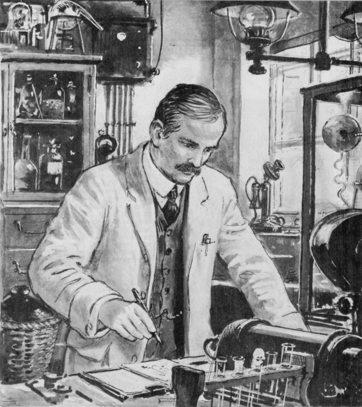 Ernest Rutherford, travaillant dans son laboratoire à Cambridge - English School