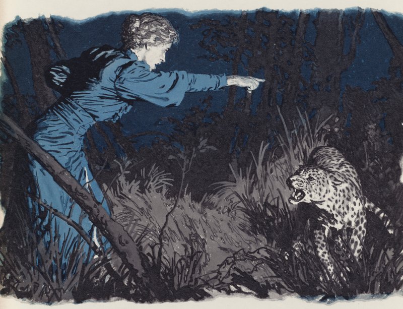 Mary Kingsley défiant un léopard en liberté - English School