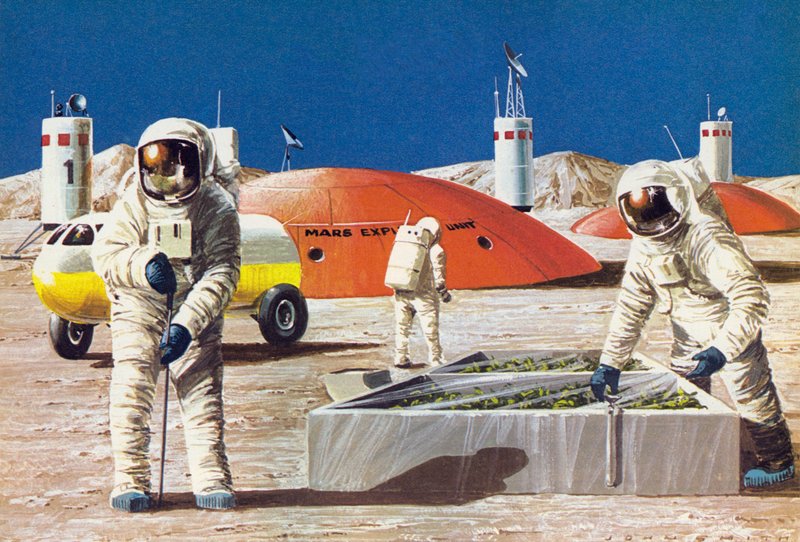 Des hommes travaillant sur la planète Mars, imaginés dans les années 1970 - English School