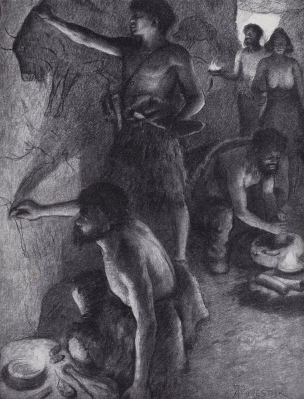 Peuple paléolithique créant des peintures rupestres (lithographie) - English Photographer
