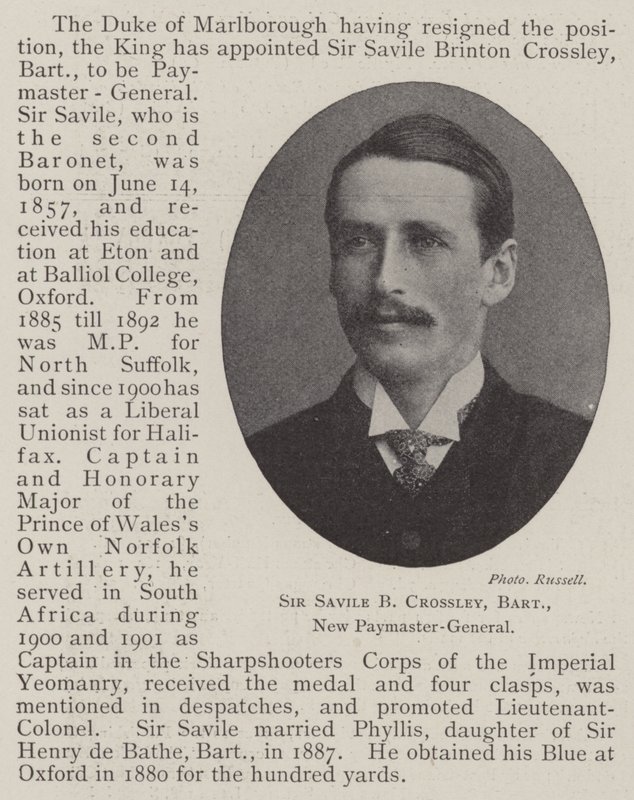 Sir Savile B Crossley, baronnet, nouveau payeur général - English Photographer