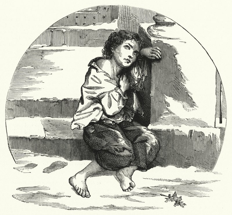 Un garçon mendiant dans la neige (lithographie) - English School