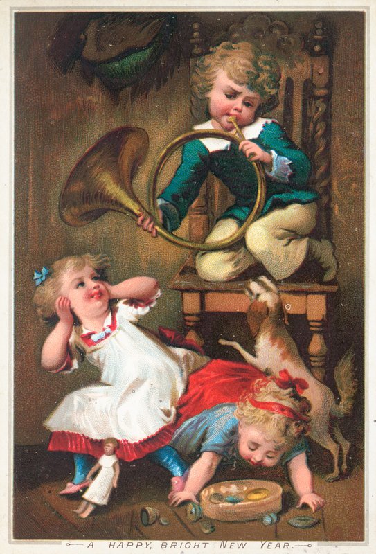 Garçon soufflant dans une corne, Carte de Nouvel An - English School