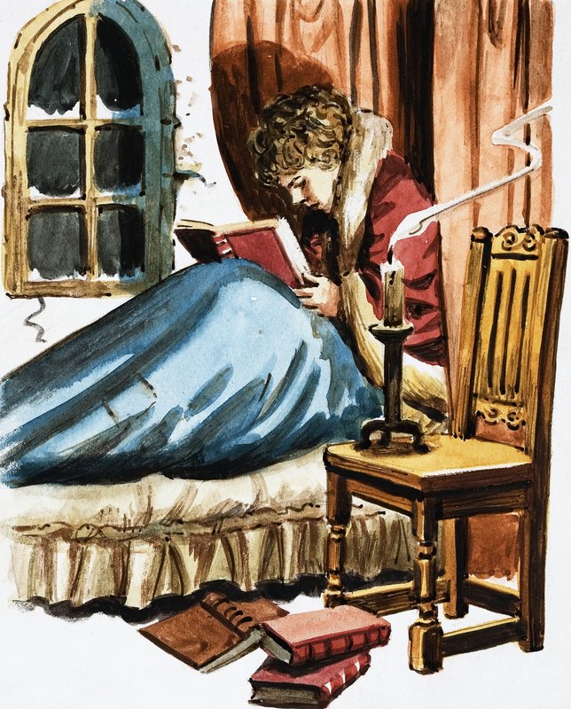 Garçon lisant au lit - English School