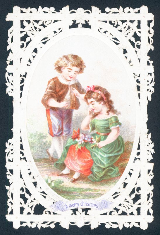 Garçon parlant à une fille timide, Carte de Noël - English School