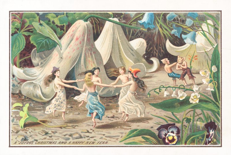 Fées et lutins dansant, Carte de Noël - English School