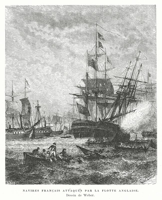 Navires de guerre français attaqués par une flotte britannique - English School