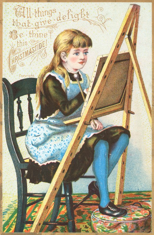 Fille assise à un chevalet en train de peindre - English School
