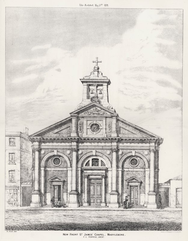Nouvelle façade, chapelle St James, Marylebone (gravure) - English School