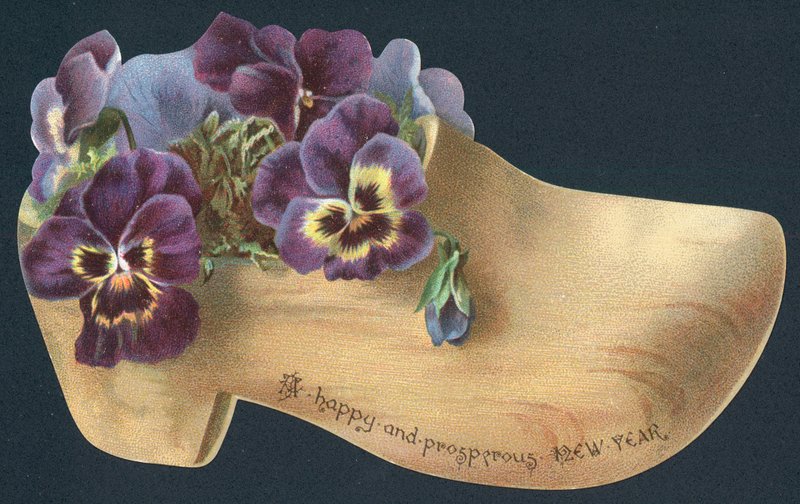 Pensées dans un sabot, Carte de Nouvel An - English School